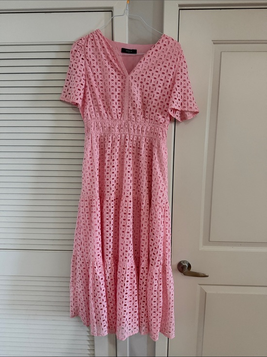 Zesica Dresses & Skirts - Eyelet Pink Midi Dress with V-Neck by Unbranded